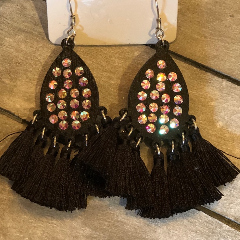 Black wood and crystal earrings